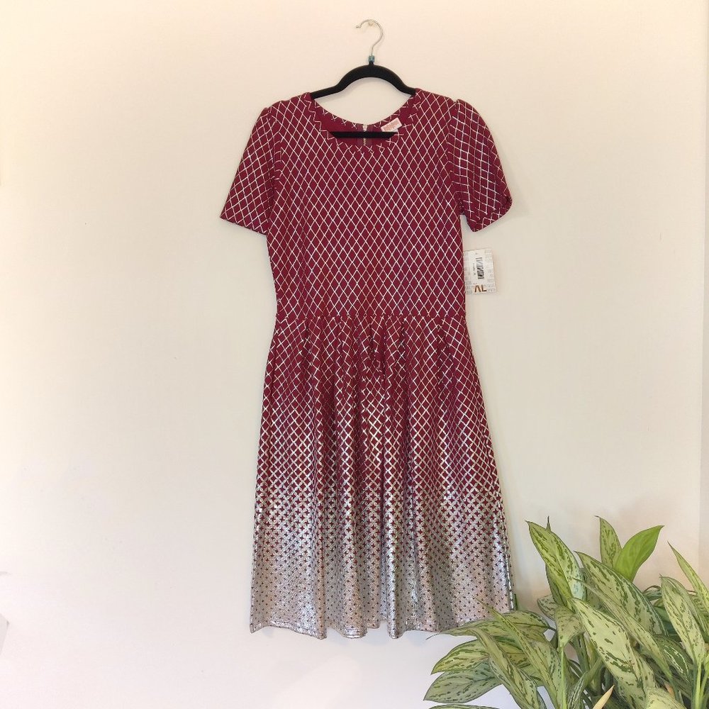 LULAROE Elegant Amelia Dress Maroon Silver